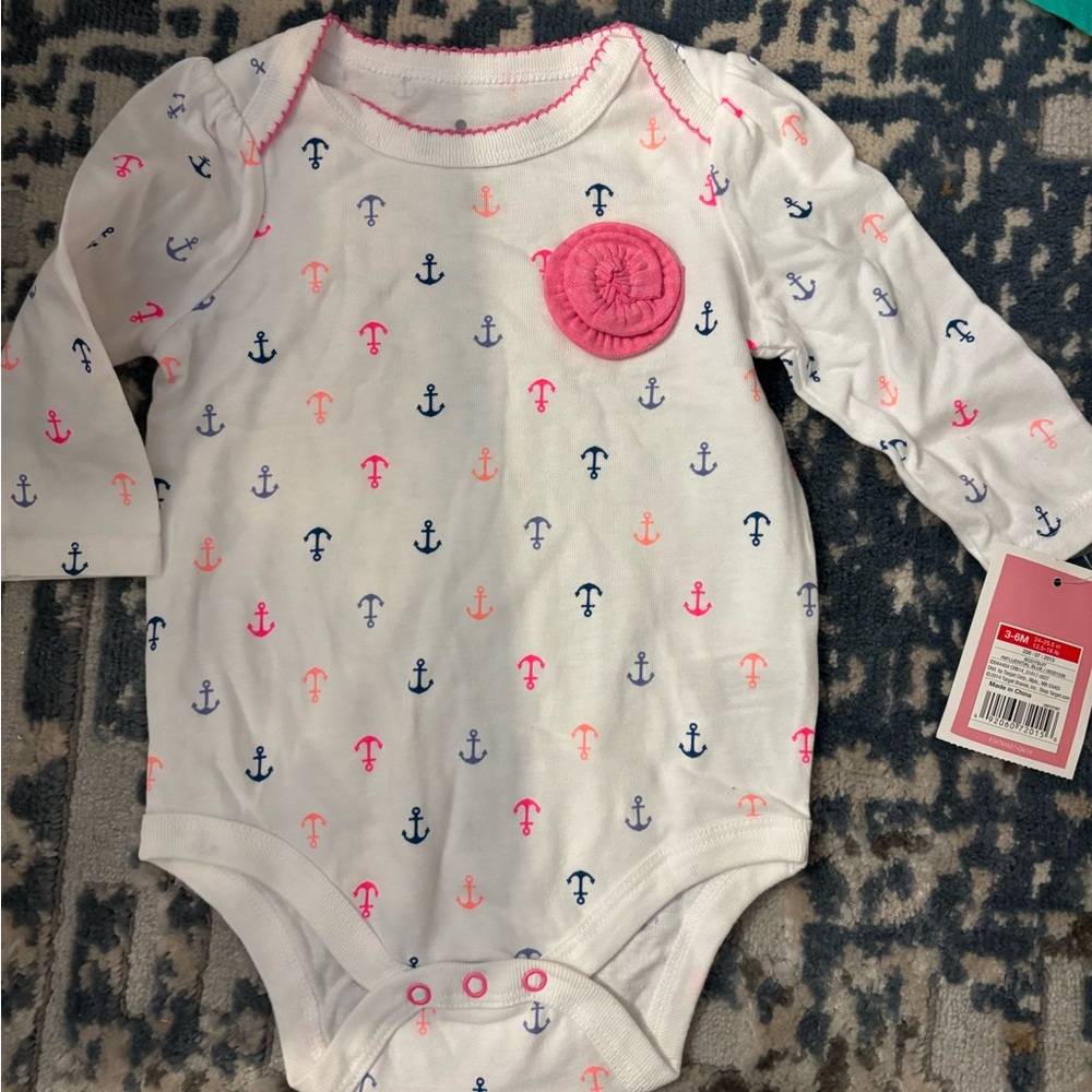 Circo White Long-Sleeve Anchor Print One-Piece with Pink Rosette